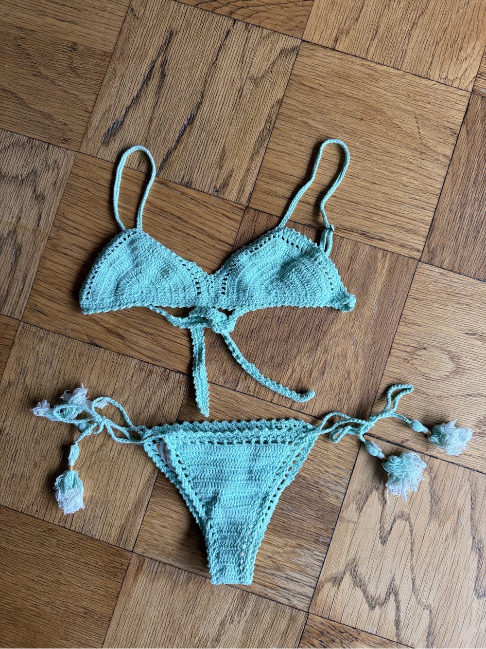She Made Me Cotton Crochet Triangle Bikini Set, Mint Green, Sz S/M, EUC